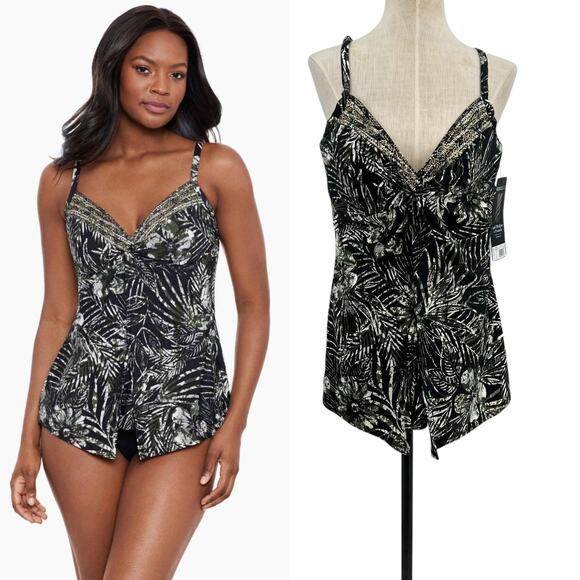 Miraclesuit Love Knot Tankini Top in Zahara Print Black Size US 16 - Picture 1 of 14